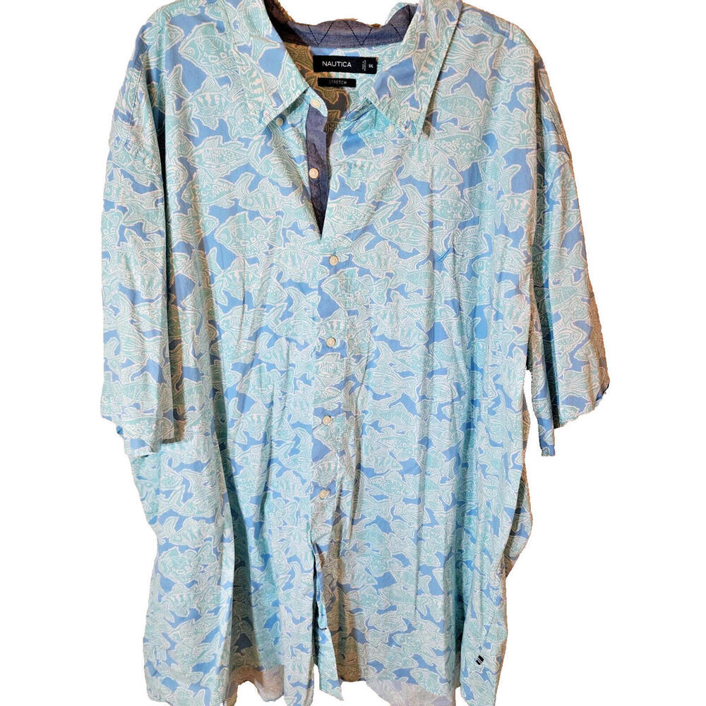 Nautica Stretch Button Down Shirt Short Sleeve Men 5XL Hawaiian Fish